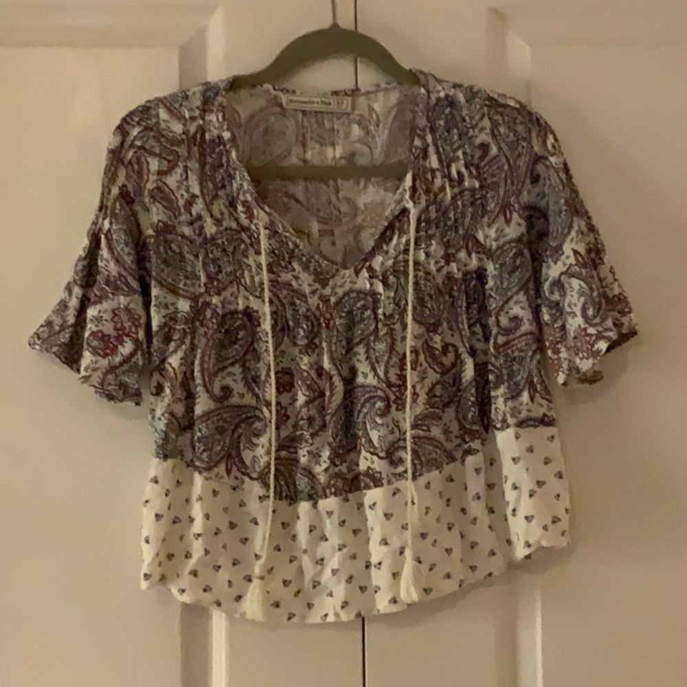 Paisley Three-Quarter Sleeve, Tie Neck Blouse-A&F